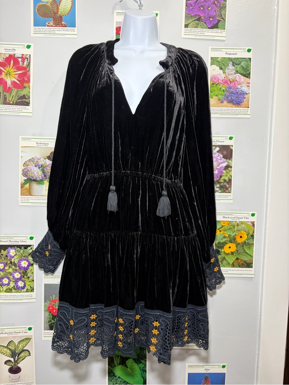 Ulla Johnson Black Velvet V-Neck Tiered Dress with Embroidered Hem - Picture 3 of 8